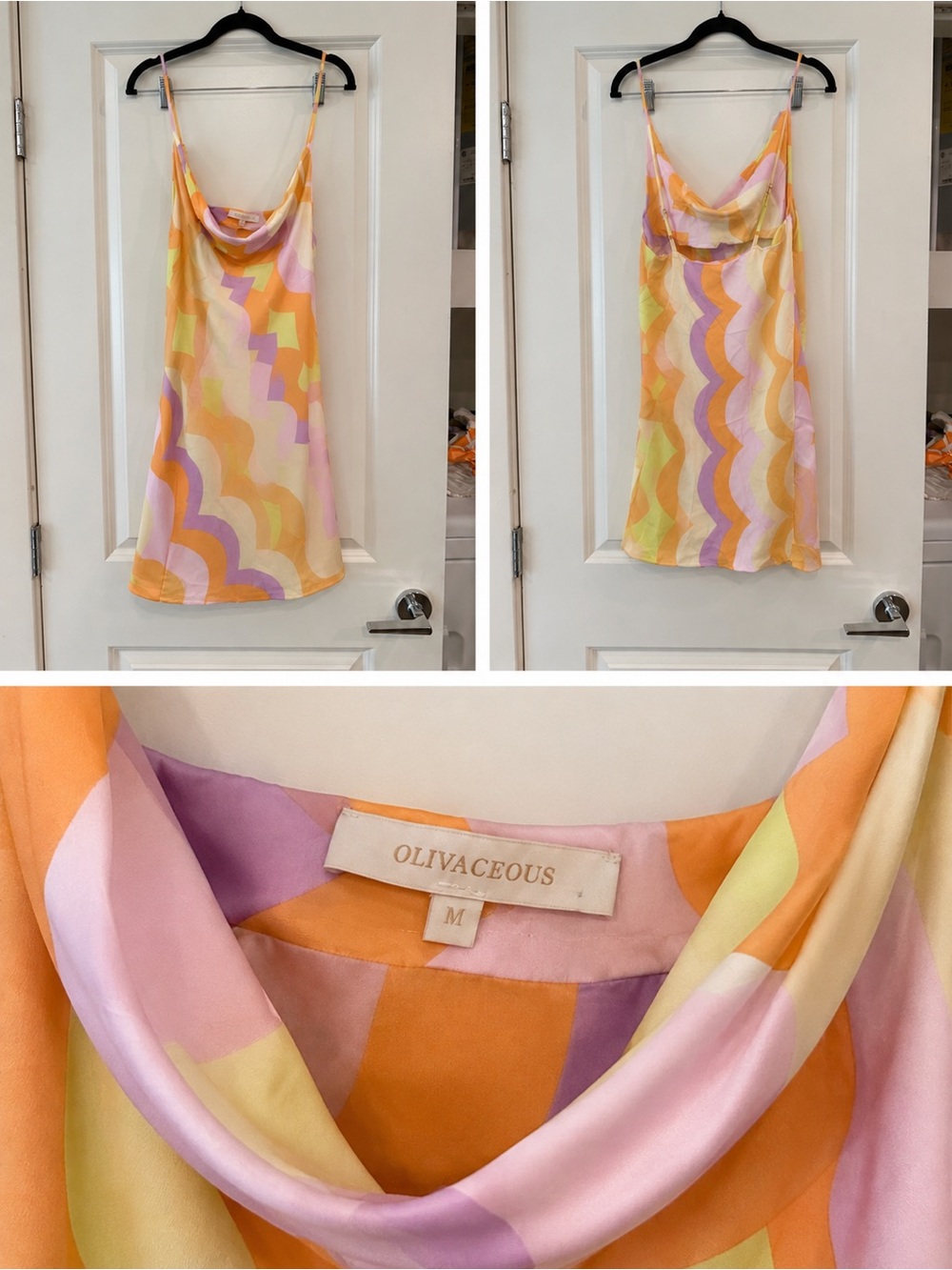Olivaceous Pastel Wave-Print Cowl Neck Slip Dress - Yellow, Pink, Purple